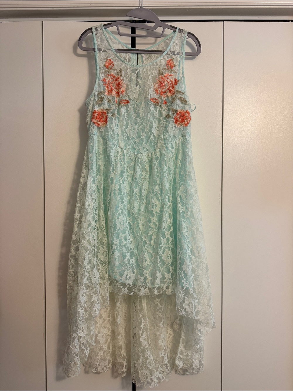 Free People Mint Lace High-Low Dress with Coral Floral Appliqués, Medium